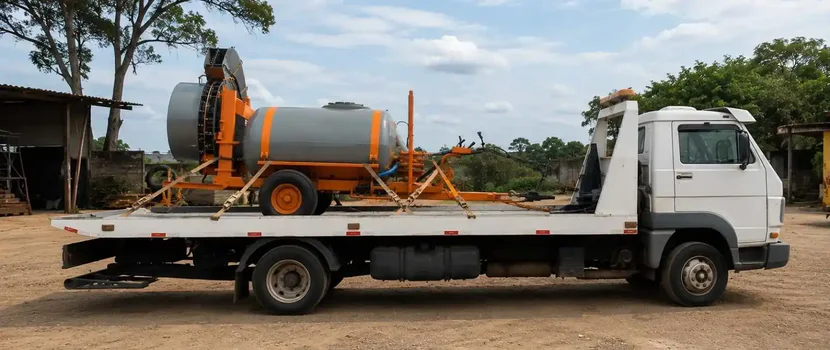 Pulverizador agrícola cinza e laranja sobre a plataforma do caminhão.