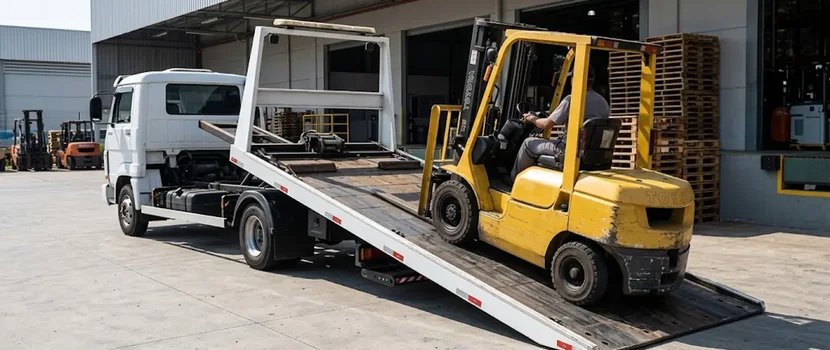Empilhadeira amarela sobre a plataforma inclinada do caminhão diante de um galpão.